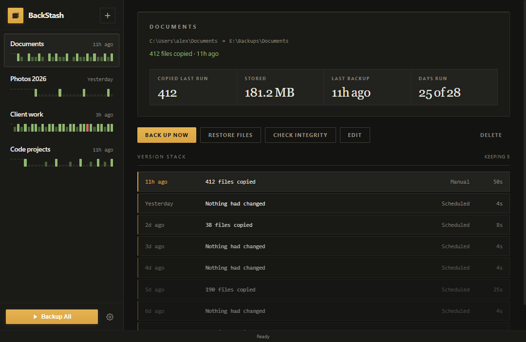 BackStash job list with 30-day run bands, four summary figures, and the version stack for the selected job