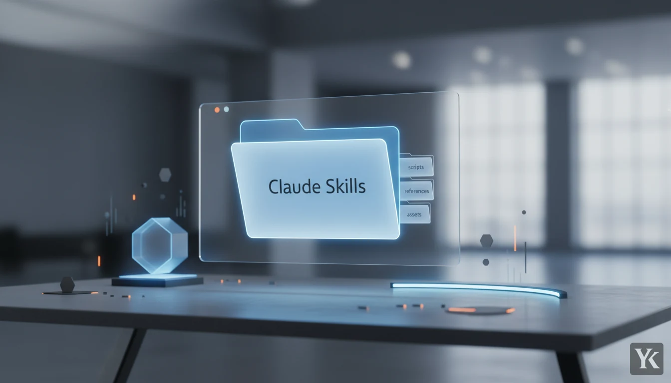 A computer monitor displaying a digital folder labeled 'Claude Skills' with subfolders named 'scripts', 'references', and 'assets' visible, set in a modern office workspace with soft natural light.