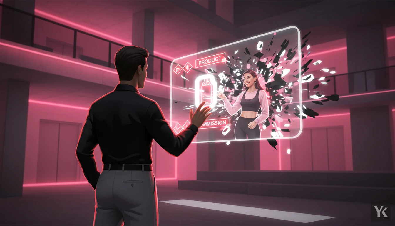 A man faces a glowing screen where a TikTok creator presents a product tagged with product and commission labels