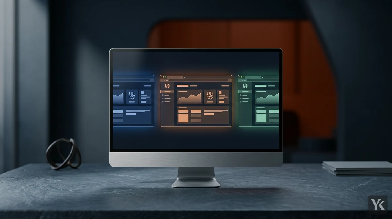 Three colour-coded anti-detect browser profiles open side by side on a monitor in a dark workspace, each showing its own fingerprint and proxy panel