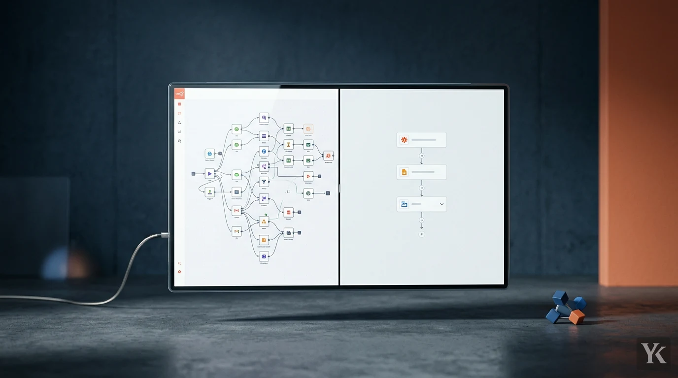 A wide screen split between a dense multi-branch automation workflow on the left and a simple four-step linear flow on the right