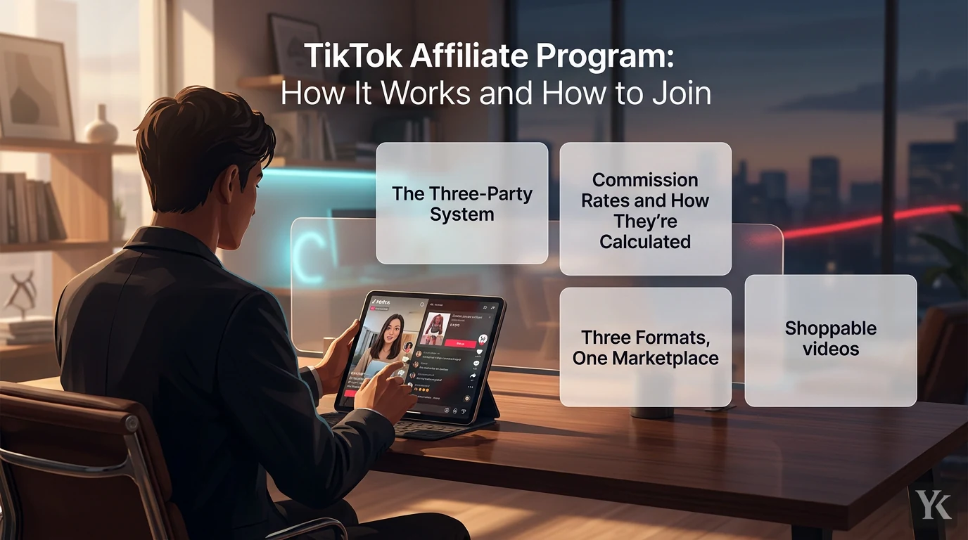 A TikTok creator in a home studio recording a shoppable video on a smartphone, with product tags and shopping cart icons visible on the app screen, conveying live engagement and affiliate marketing activity