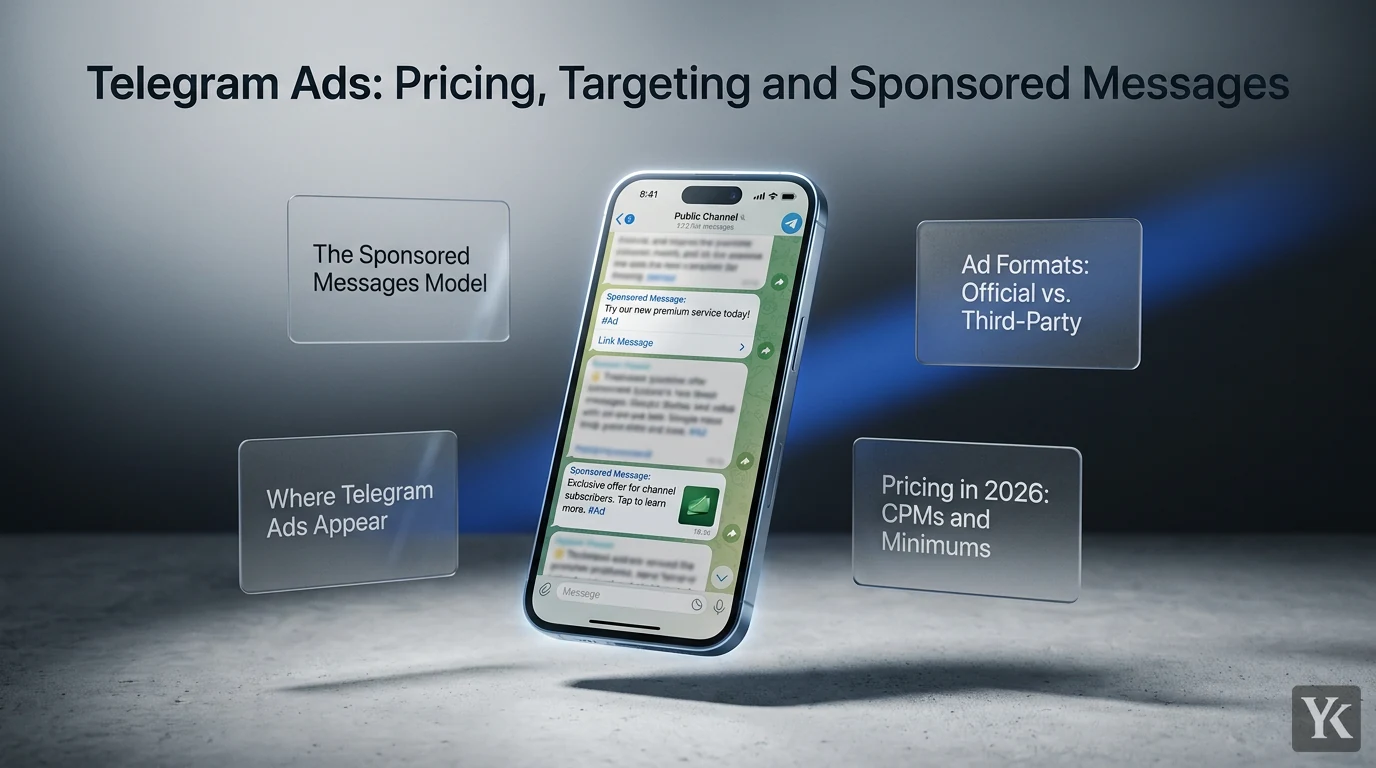 Close-up of a smartphone displaying the Telegram app with sponsored message ads embedded in a public channel feed, highlighting the ad format and integration
