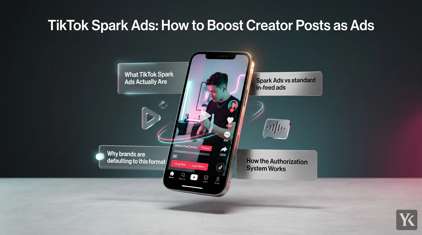 Close-up of a smartphone displaying a TikTok Spark Ad video with creator handle and engagement metrics visible, set in a moody digital marketing environment