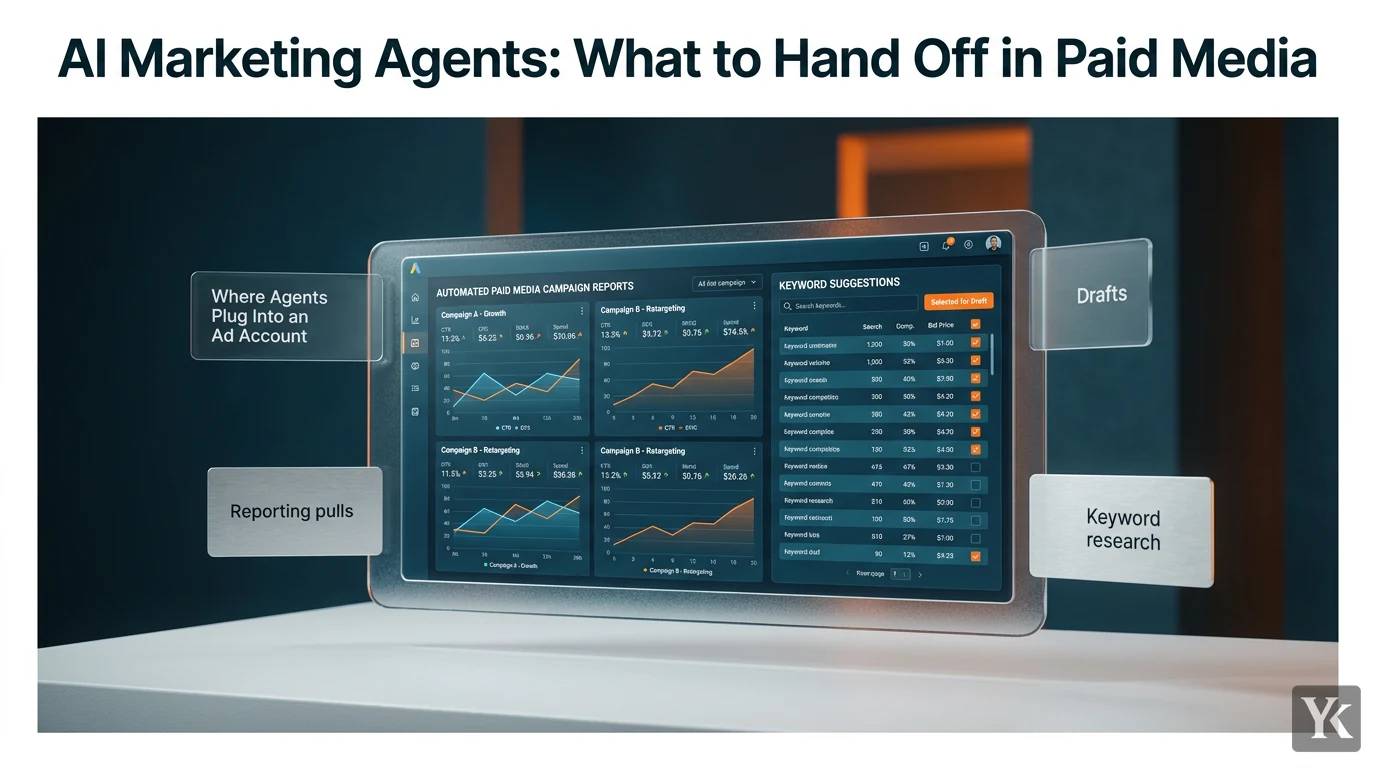 A sleek digital dashboard on a monitor screen displaying AI-driven paid media campaign reports, keyword research suggestions, and draft ad copy in a dimly lit marketing office environment