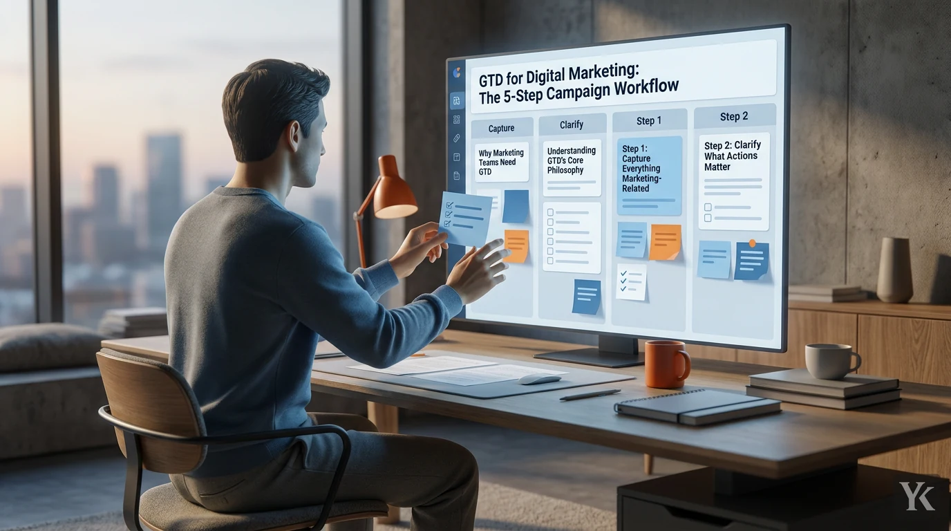 A modern marketing team workspace featuring a large Kanban board displaying GTD workflow steps with colorful sticky notes and task cards under natural daylight, conveying focus and organization.