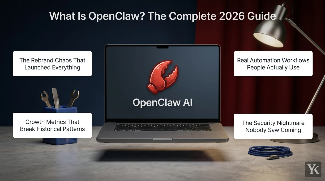 A laptop screen showing the OpenClaw AI assistant interface with a stylized lobster claw mascot overlay, set in a modern workspace with moody lighting conveying innovation and urgency