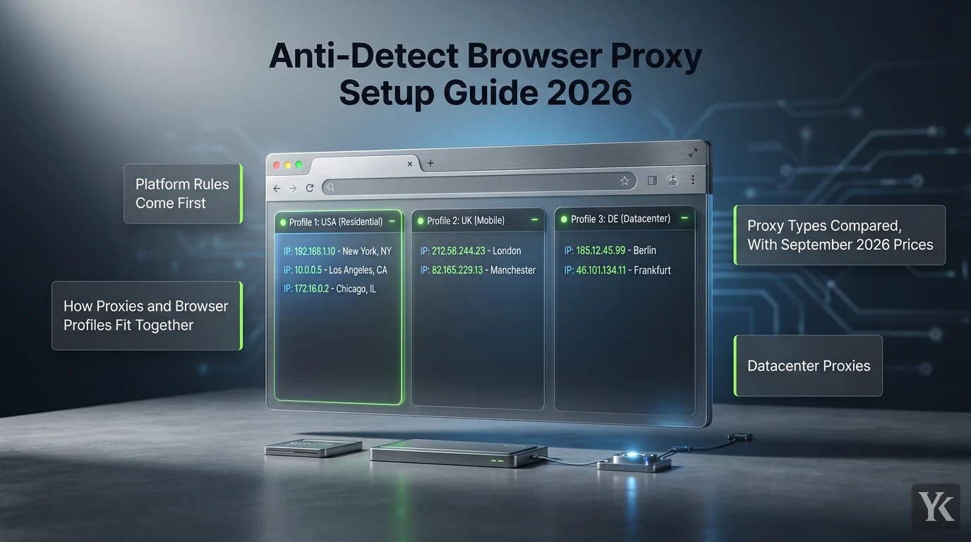 A multi-tabbed browser interface displaying different proxy IP addresses and geographic locations linked to separate browser profiles in a dimly lit tech office environment