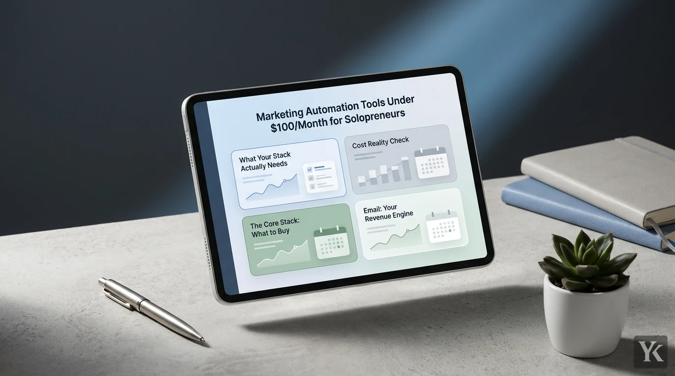 A digital dashboard displaying icons and pricing details of marketing automation tools under $100/month for solopreneurs on a modern monitor screen in a clean, professional style
