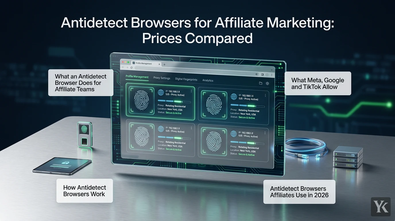 A modern browser interface displaying multiple isolated browser profiles with unique digital fingerprints and proxy configurations, highlighting different affiliate marketing antidetect browsers in a sleek tech environment