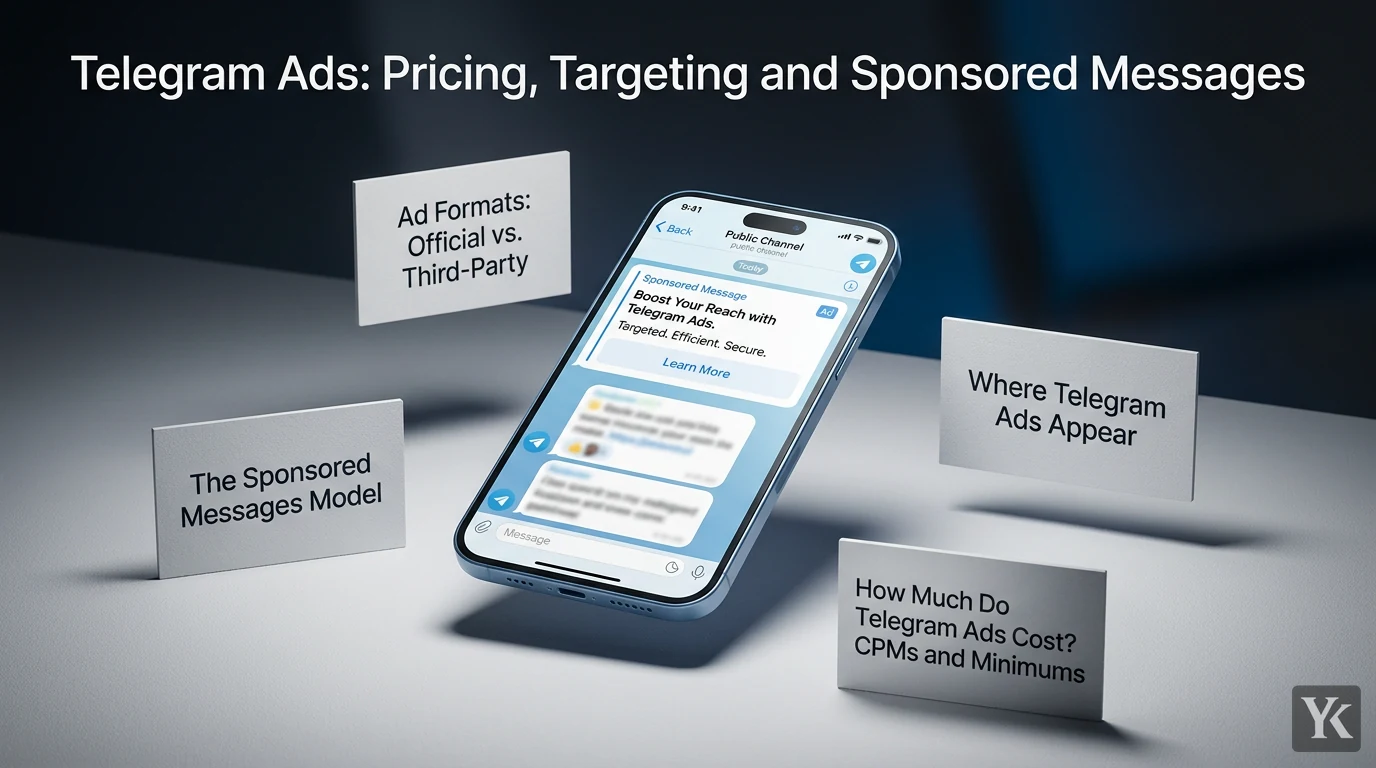 Close-up of a smartphone screen showing the Telegram app with a sponsored message ad displayed within a public channel feed, highlighting the ad label and call-to-action button